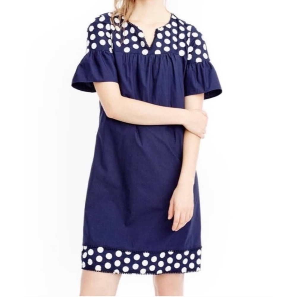 J. CREW Bell Sleeve Dress Fringe Dot Blue White Size 8